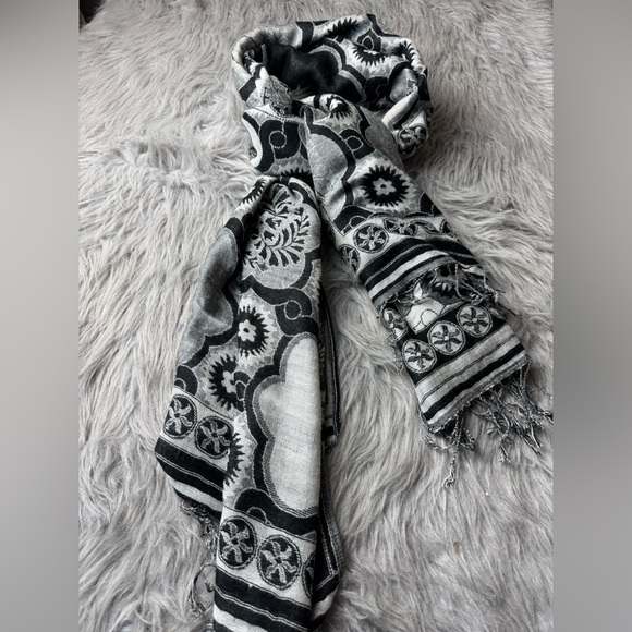 100% Pashmina Black & Gray Scarf Shawl Wrap - Picture 1 of 11